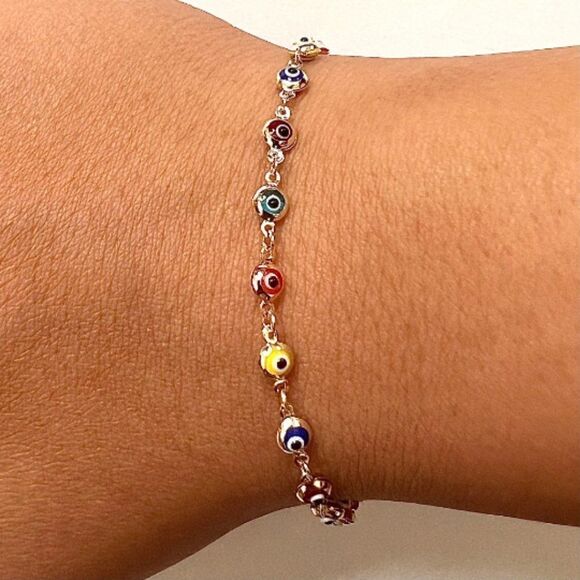 14K Real Gold Rainbow evil Eye Bracelet | Birthday Gift for Her | Ideal Gift | - Picture 5 of 8